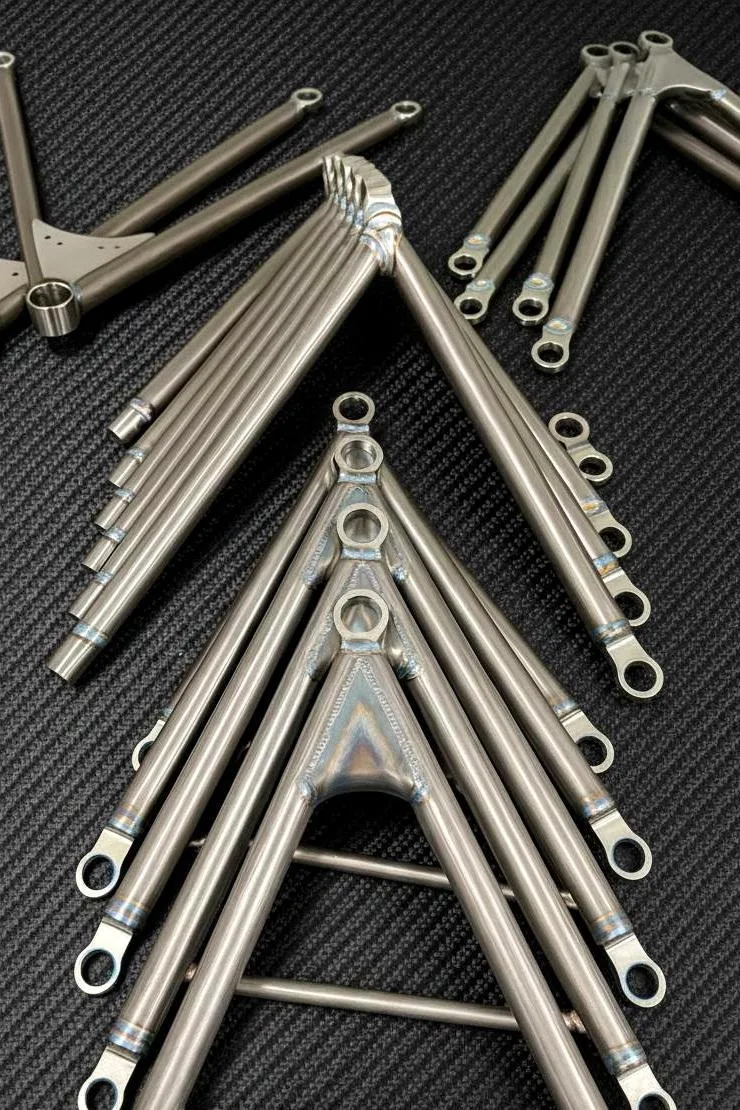 Duqueine fabricated suspension links and wishbones arranged for inspection